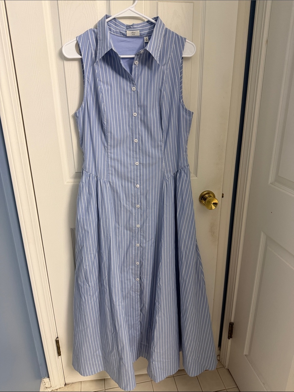 Aritzia Sleeveless Light Blue Pinstripe Maxi Shirt Dress